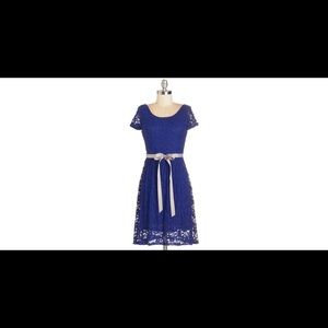 Lined royal blue lace dress with gray ribbon sash